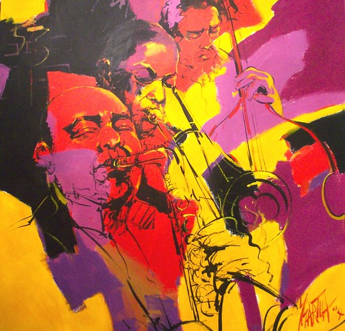 Saxophonist layered over bright yellow and pink
