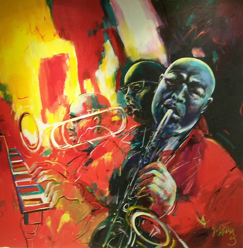 Saxophonist with red and green brushwork
