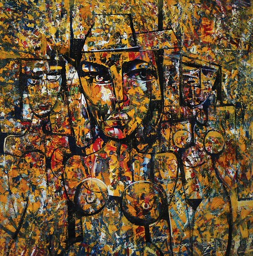 Overlapping figures in black and golden marks