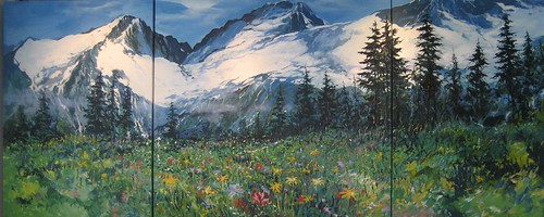 Mountain landscape with evergreens and meadow flowers