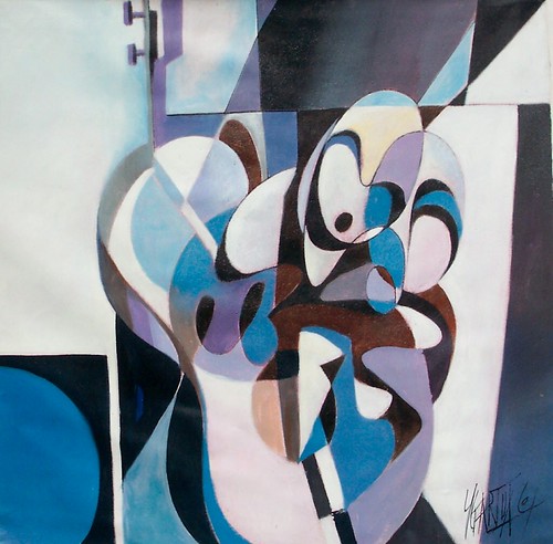 Rounded interlocking figure forms in pale blue and black