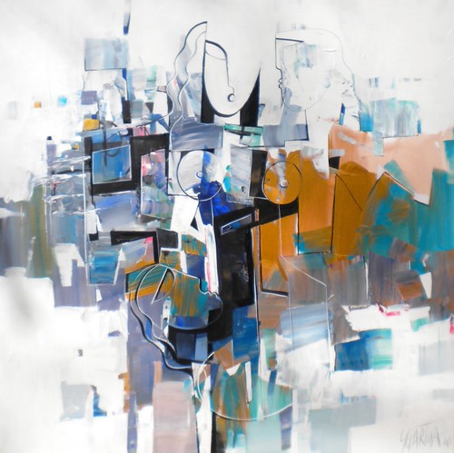 Pale angular figure among blue and yellow blocks