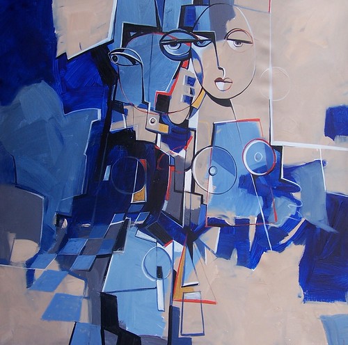 Angular blue profile beside small geometric forms