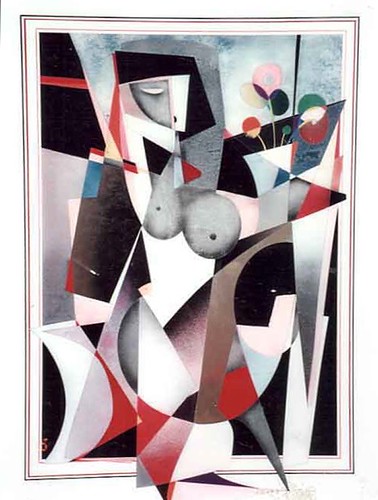 Angular woman holding flowers in a framed composition