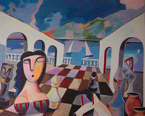 Stylised figures within arches above a chessboard