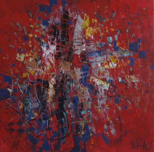 Dense abstract chess-like marks on a red background