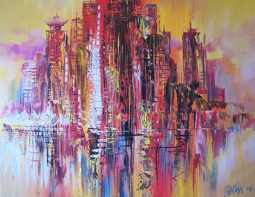 Red and violet towers reflected against yellow