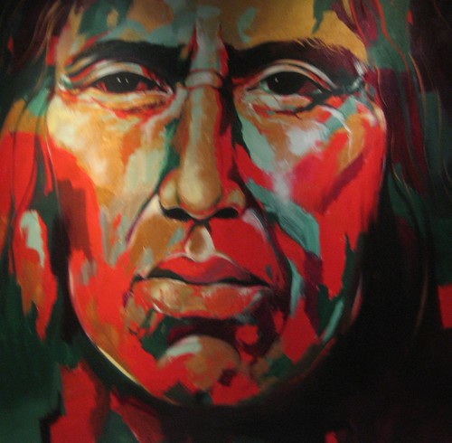 Close-up face in red and green