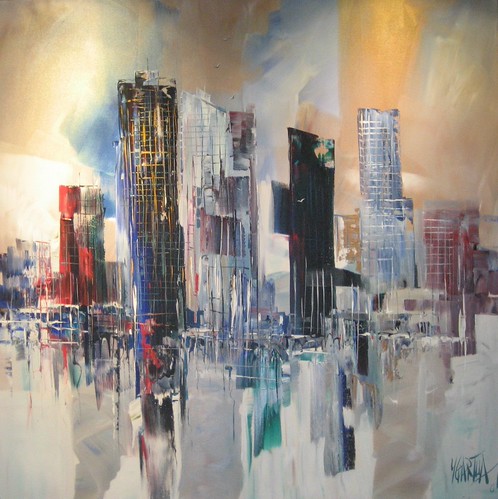 Abstract towers in grey, blue and red