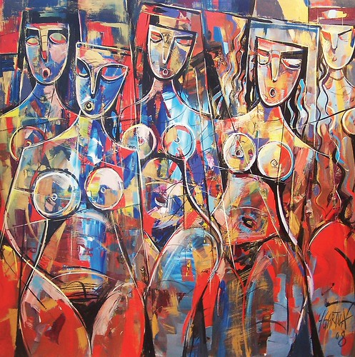 Rows of colourful angular figures