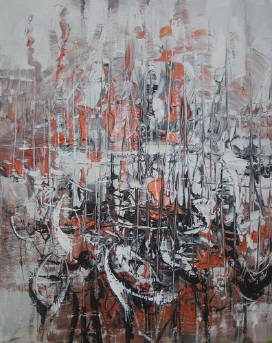 Abstract boats with black rigging and red accents