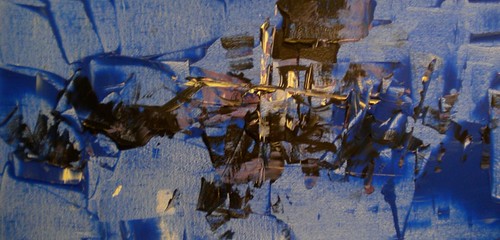 Dark horizontal marks across blue geometric patches