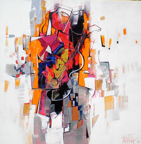 Angular guitarist against white with orange accents