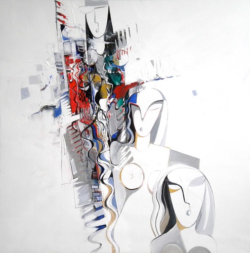 Fragmented figure with fine black outlines on white