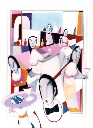 Stylised figures at an outdoor restaurant table