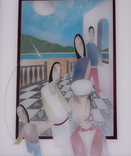 Figures beside a terrace and rounded arches