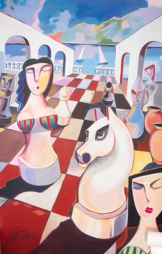 Chess pieces beneath pale arches and blue sky