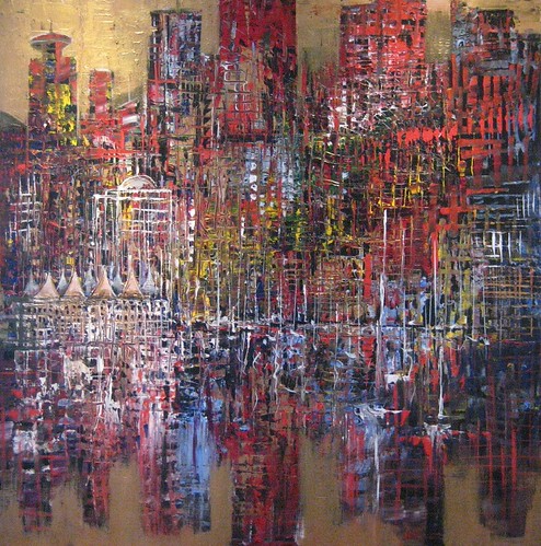 Dense red and violet cityscape with reflections