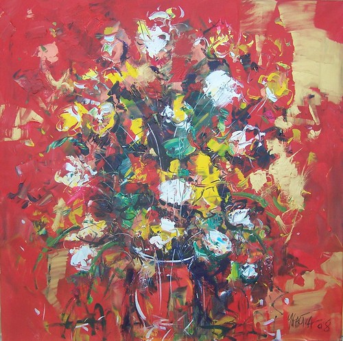 Multicoloured bouquet on a red background