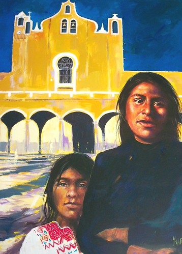 Mother and child before a yellow church