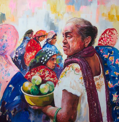 Woman carrying fruit amid colourful market figures