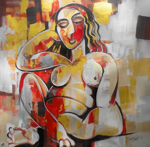Woman with flowing hair in warm geometric forms