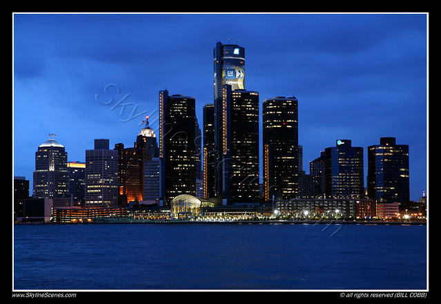Detroit International Riverfront at dusk