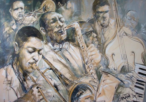 Jazz ensemble with brass instruments and keyboard in sepia tones
