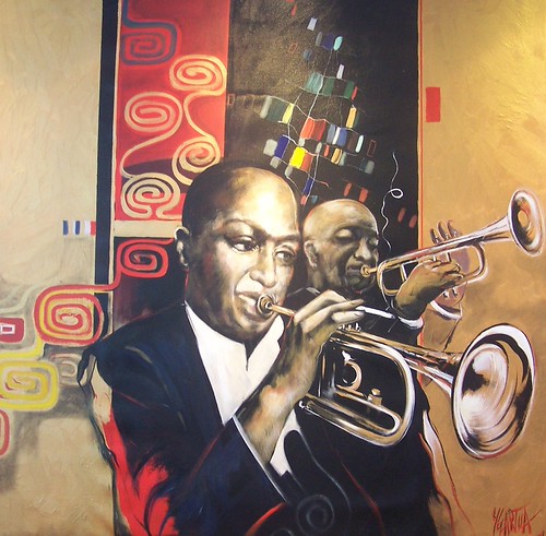 Two trumpeters with brass instruments against a dark background