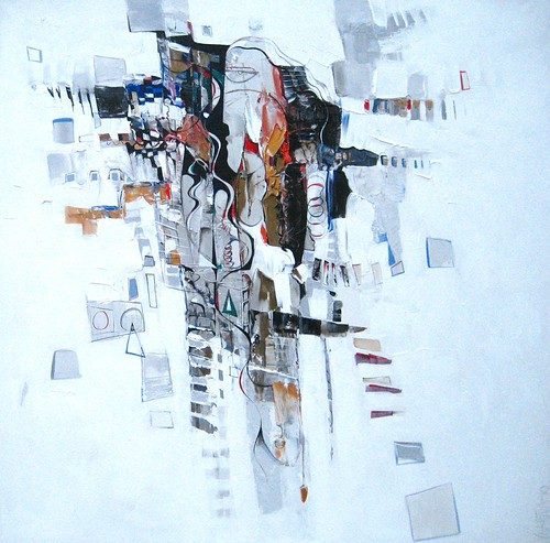 Single fragmented figure against pale blue