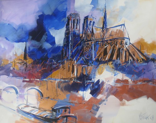 Blue and ochre skyline with cathedral towers