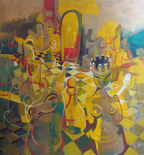 Chess-like figures outlined in gold and green