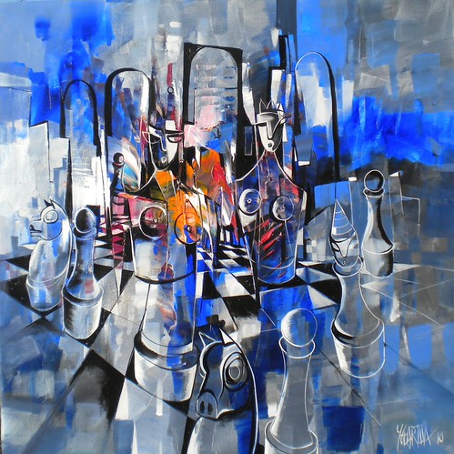 Chess pieces and figures in blue and white