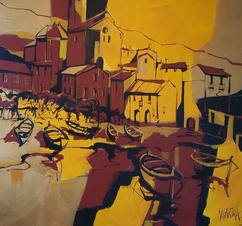 Waterfront town and boats in ochre and brown