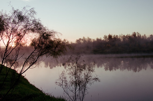 My Morning Commute by Marv R Penner, Taken on the way to work on a foggy Friday morning.trees canada fog sunrise river landscape nikon sc