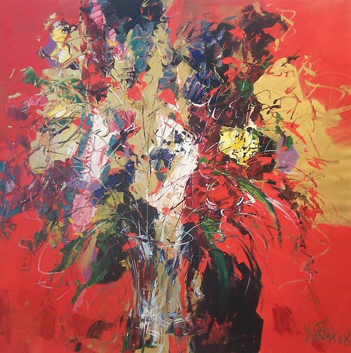 White and red bouquet against a red background