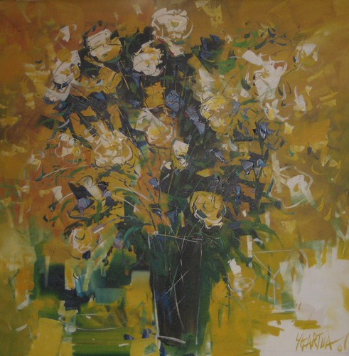 White and yellow flowers over green and gold