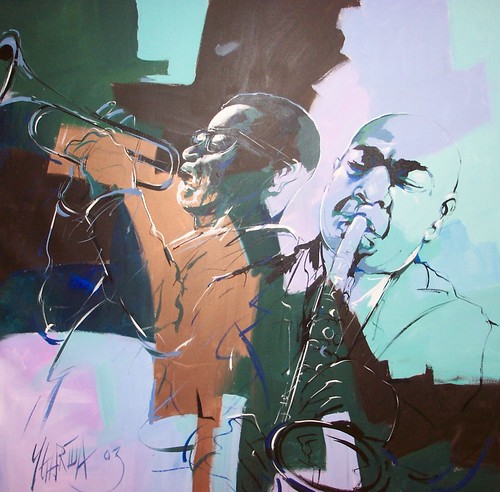 Musician profiles with piano keys and muted colour blocks