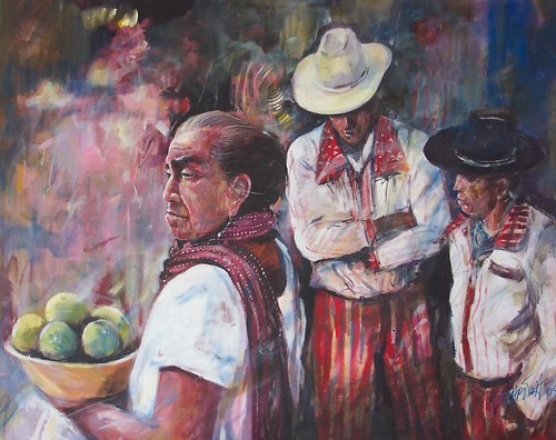 Market figures with fruit and broad-brimmed hats