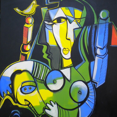 Green and yellow figure with curved outlined forms