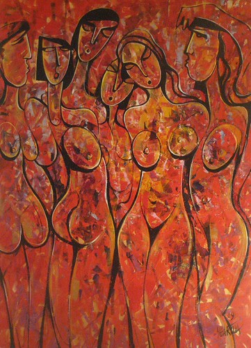 Standing figures outlined on orange-red paint