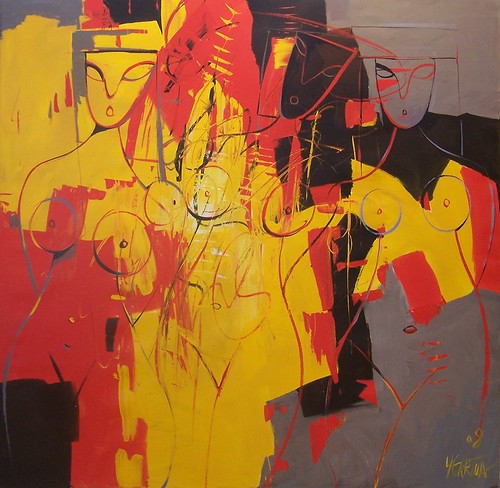Overlapping figures in yellow and red