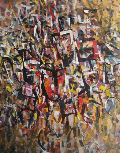 Dense layered figures in red, gold and black