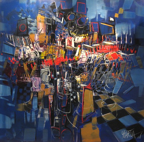 City-like forms above a dark blue chequered board