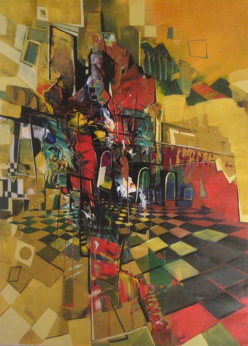 Dark chess figures above a green and yellow board