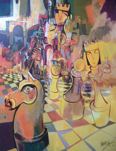 Horse head and figures on a multicoloured board
