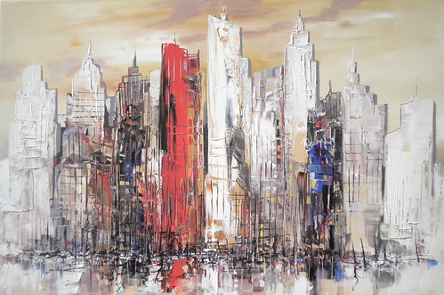 Pale skyline with a prominent red tower