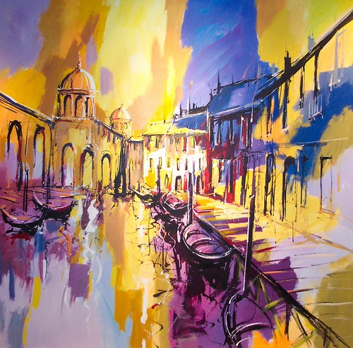 Boats and waterfront arches in yellow and purple