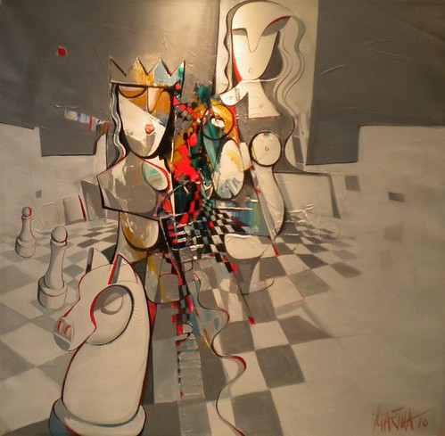 Stylised figures beside a chequered floor