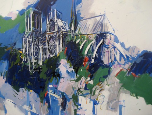 Cathedral towers with blue and green painted patches